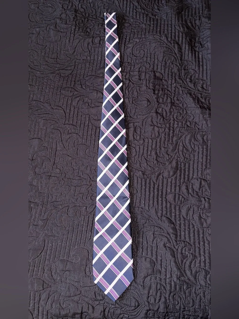 Frangi Navy Plaid Silk Tie with Pink & White Accents